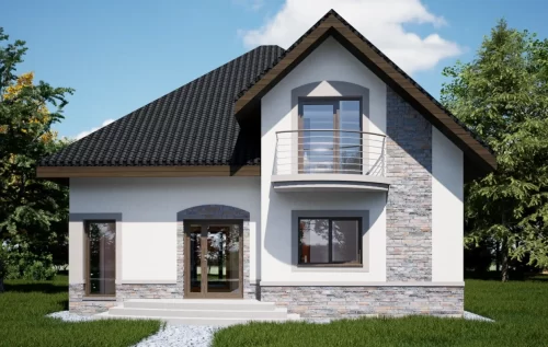 Proiect casa cu mansarda in judetul Galati. Fatada alba, placaje cu piatra feliata si acoperis gri antracit