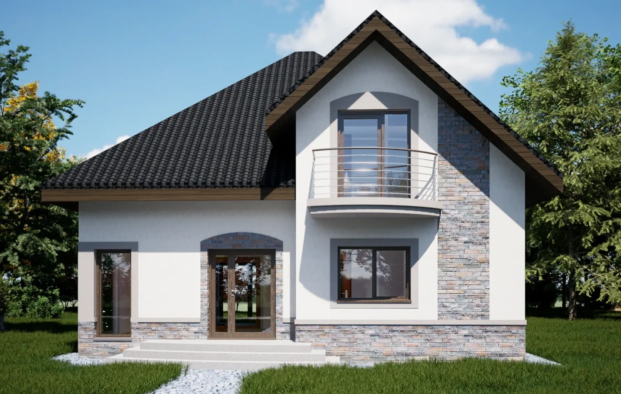 Proiect casa cu mansarda in judetul Galati. Fatada alba, placaje cu piatra feliata si acoperis gri antracit